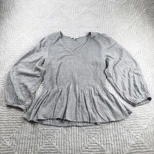 Madewell Lucie Blouse Womens M Gray Smocked Wool Gauze Peplum Tunic Balloon Boho